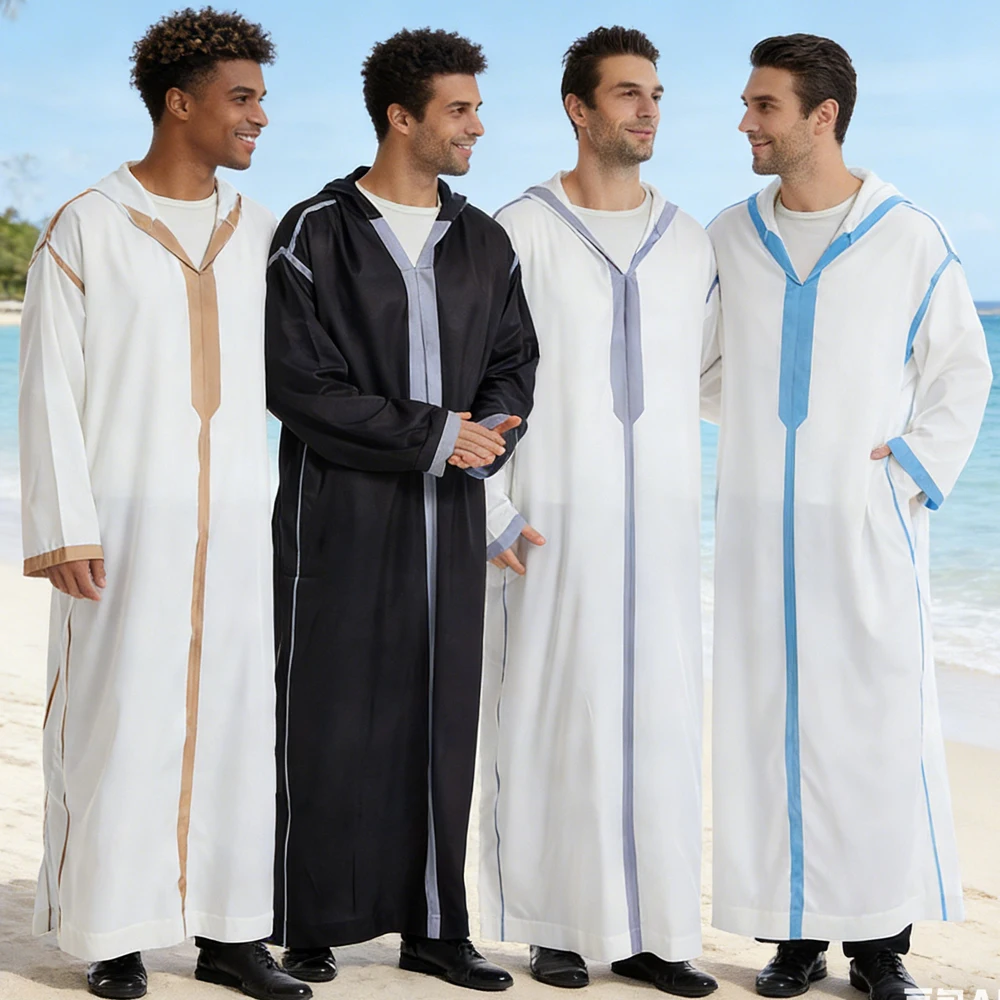 

Мужская мусульманская тоба 2025 года, джубба, длинный рукав, исламская одежда, мужское мусульманское платье, саудовская арабская тоба с капюшоном, абайя, джеллаба