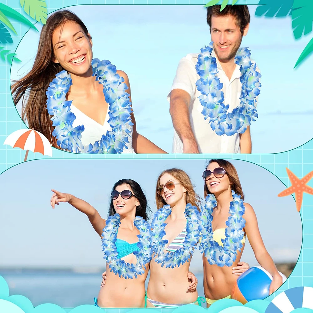 1/2/4pcs Blue Hawaiian Leis Colorful Tropical Hawaiian Flower Necklace Decorations Hula Dance Luau Party Summer Beach Pool Decor view 4