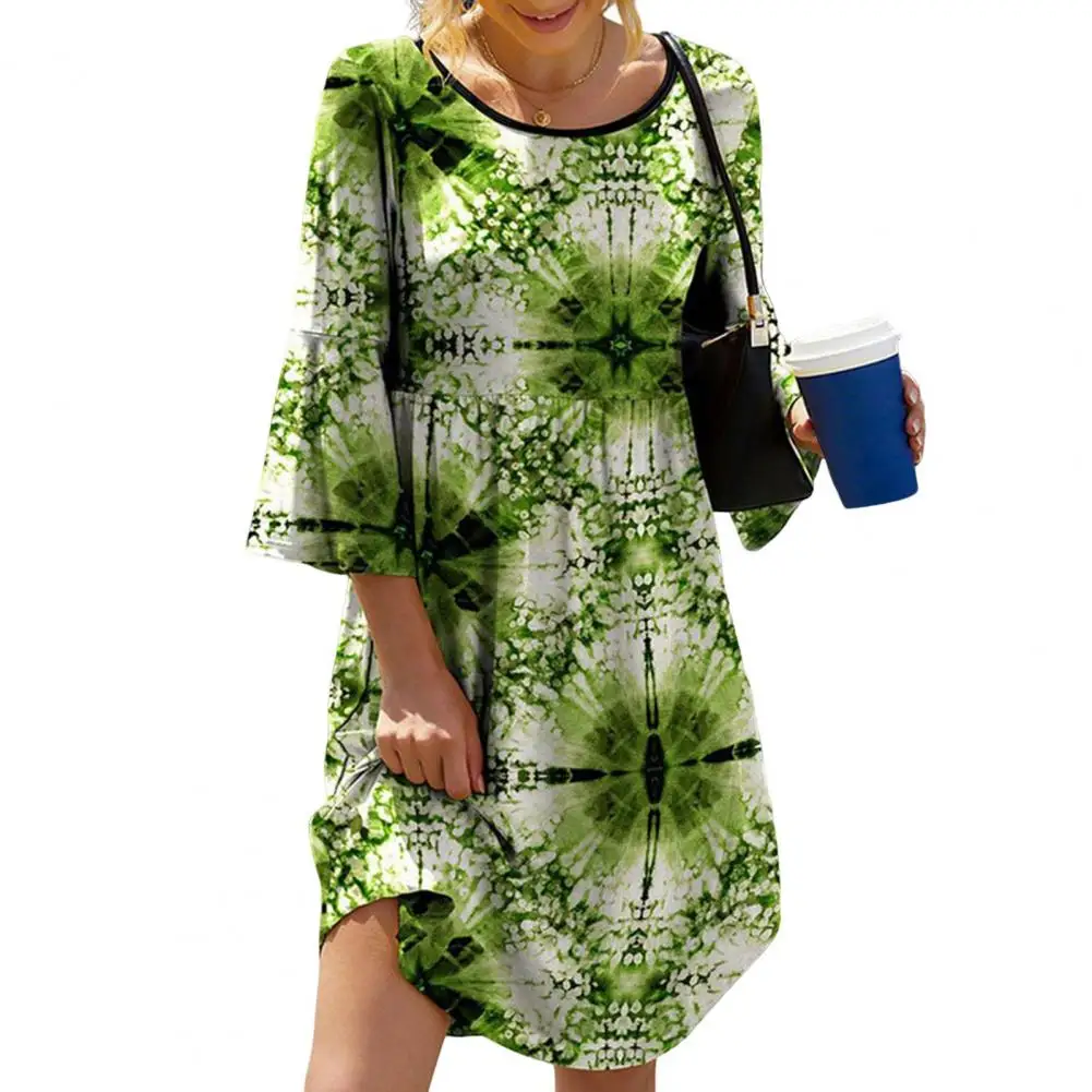 

Beach Printed Dress Women Dress Floral Print A-line Midi Dress with Three Quarter Sleeves Pleated Hem Casual Beach Summer