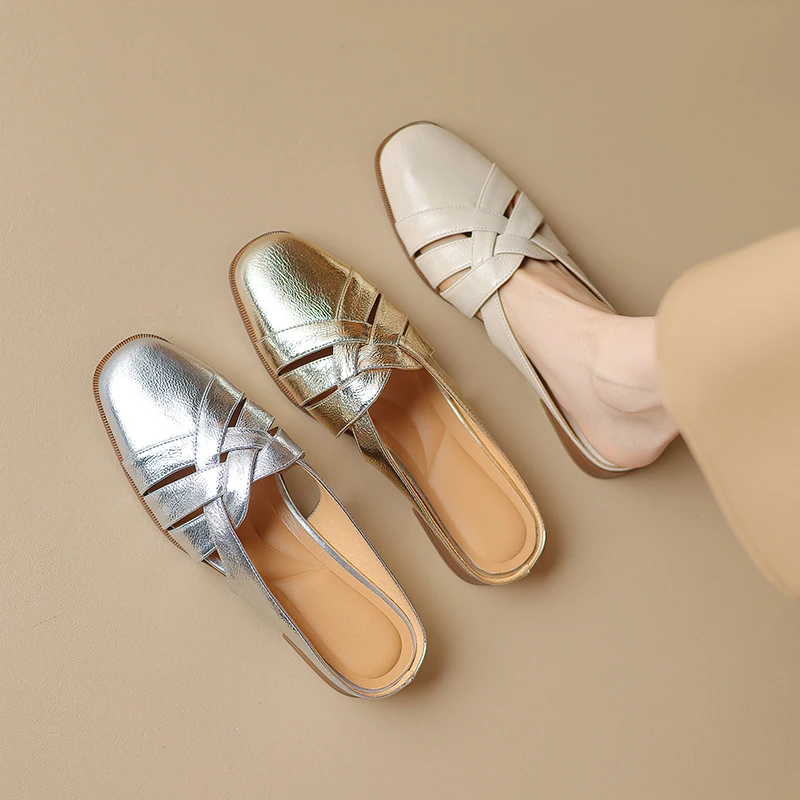 

Женские мюли-сандалии из натуральной кожи, модные женские тапочки, сексуальные золотые и серебряные летние женские туфли