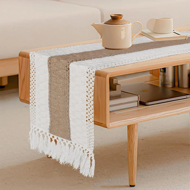 Bohemian Style Macrame Cotton Linen Table Runner Tablecloth Tassel for Home Dinning Table Coffee Table Mat Wedding Decor