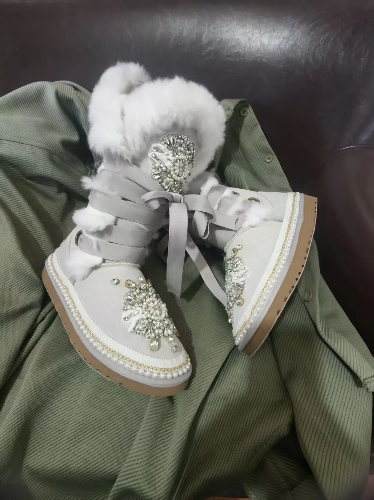 Luxurious diamond-encrusted fur snow boots, original banquet and party lace-up knee-length thickened women's cotton shoes 35-44