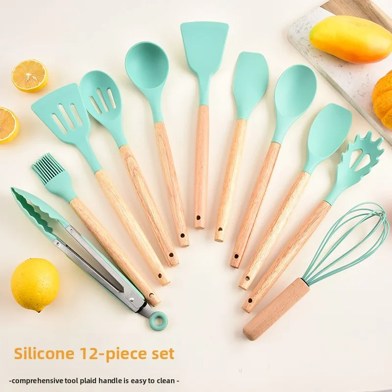 

12-piece set of kitchenware with wooden handles and silicone, storage cylinder, cooking spoon and spatula, non-stick pan