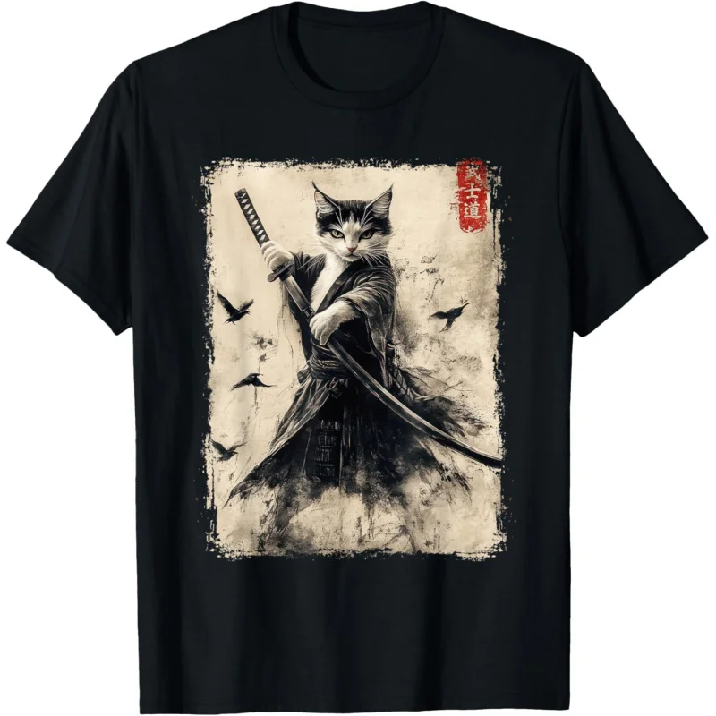 Samurai Cat Graphic Tee Warrior Vintage Japanese Art Anime T-Shirt