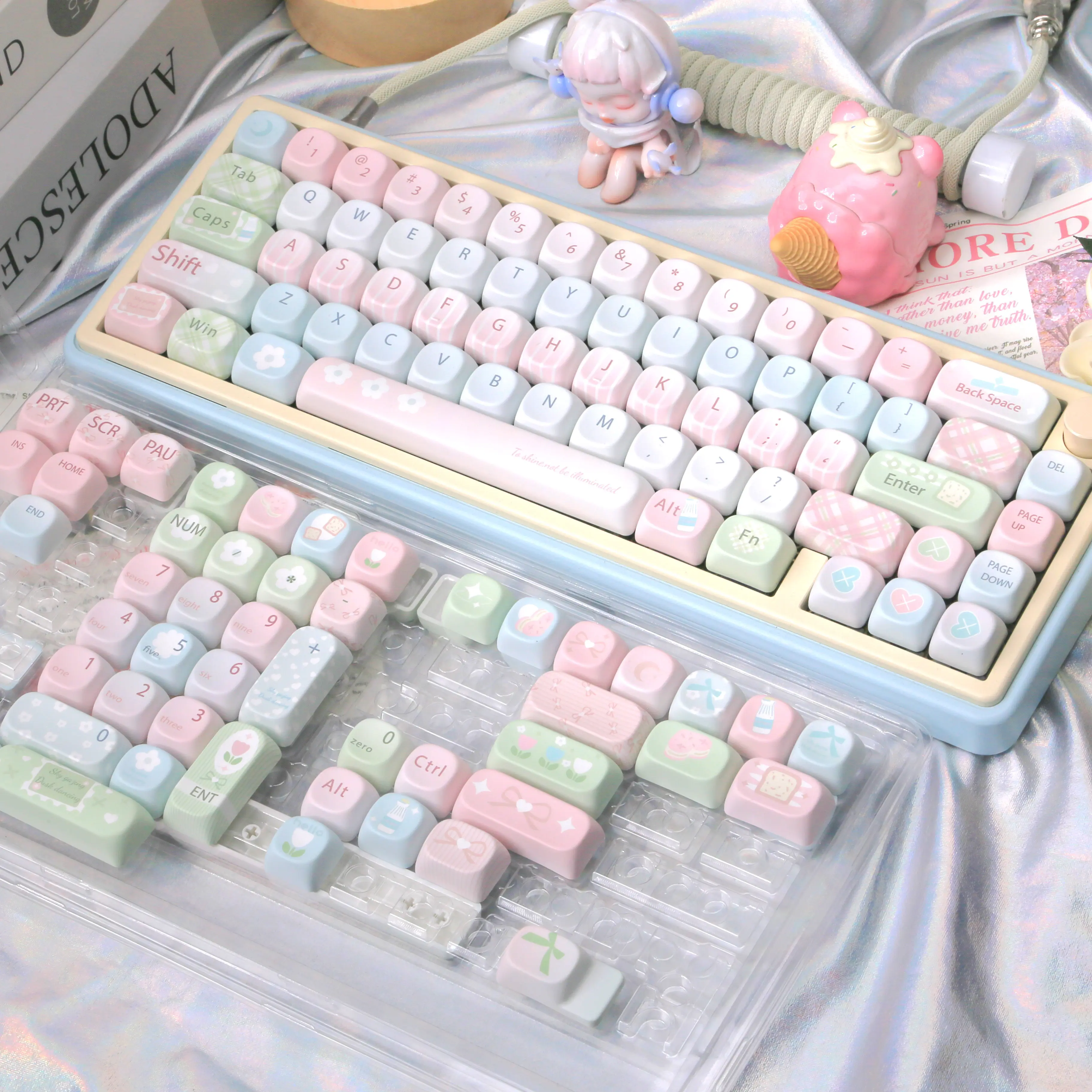 Cute Sweet Pastel Macaron MOA Keycaps Set 129 Keys PBT Dye Sublimation Stripes Bow tie Flower Decoration for MX Cherry Switch