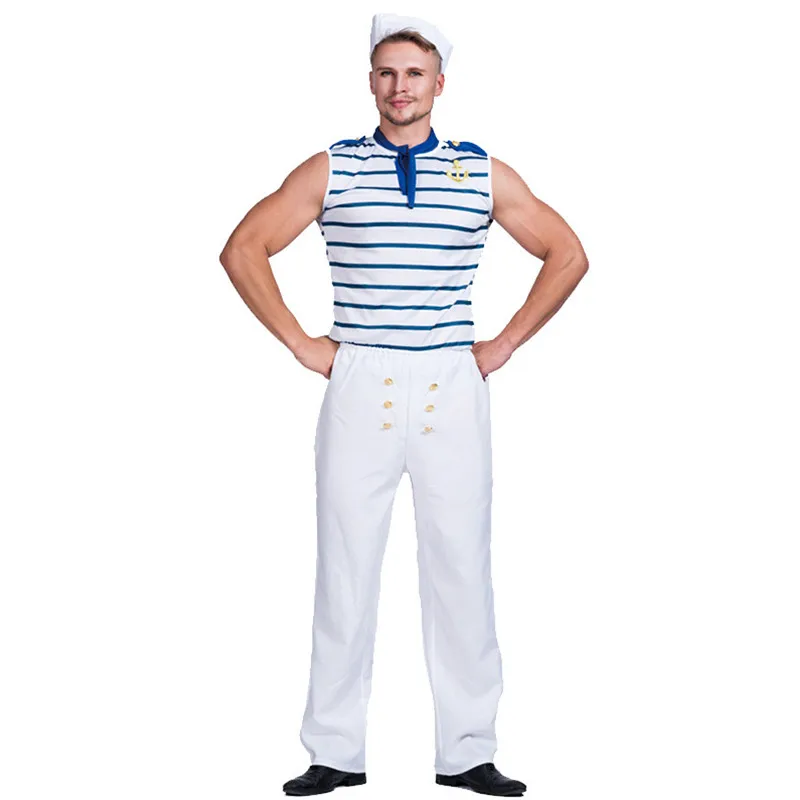 Blue And White Stripes Man Halloween Sailor Uniform Costumes Adult Navy Cosplay Carnival Purim Role Play Showing Bar Party Dress