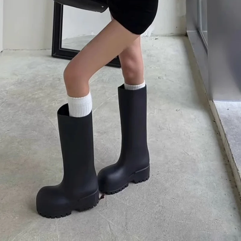 

Black Thick Sole Big Round Toe Rain Boots Women Long Boots Waterproof Height Increase Anti Slip Knee High Boots