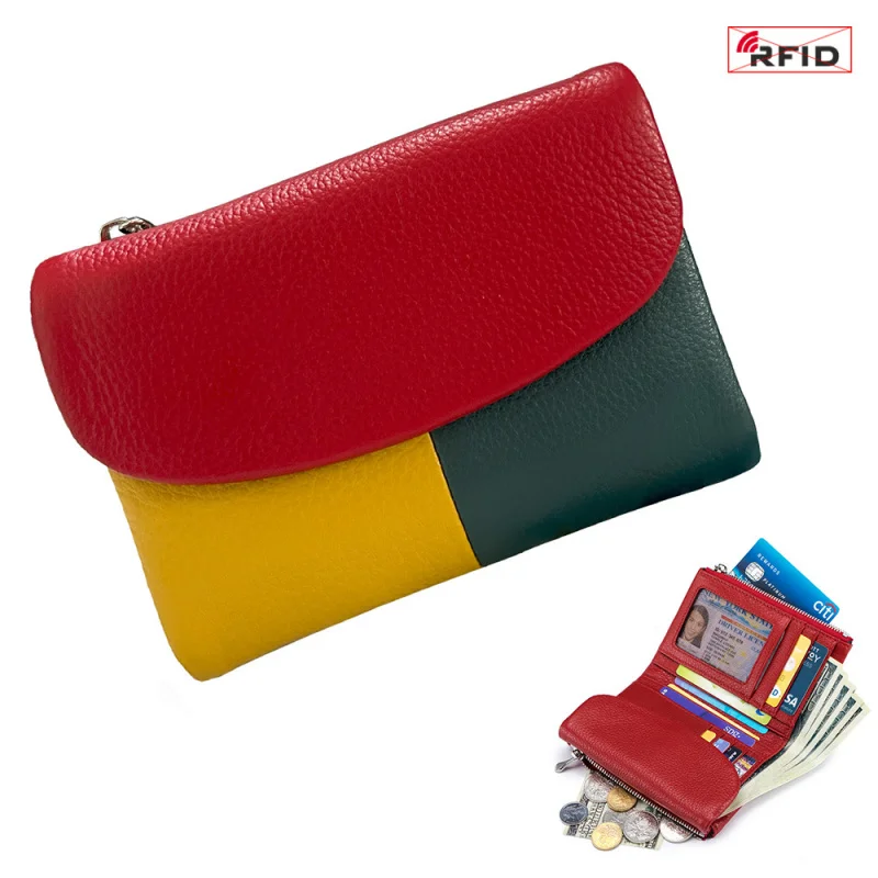 Western RFID Blocking Cowhide Leather Short Women Wallet Large Capacity Card Holder Coin Purse for Ladies