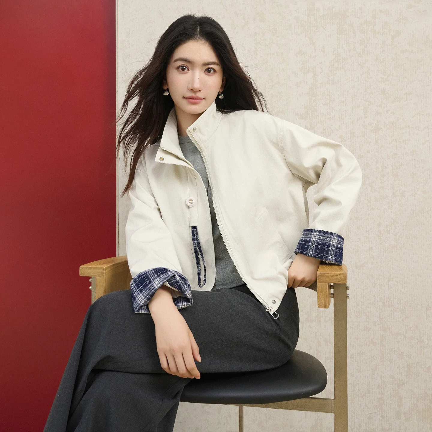 SENTUBILA Women Plaid Cropped Jacket Autumn 2026 Convertible Stand Lapel Two-Way Collar Color Block Loose Casual Coat W63WB8302