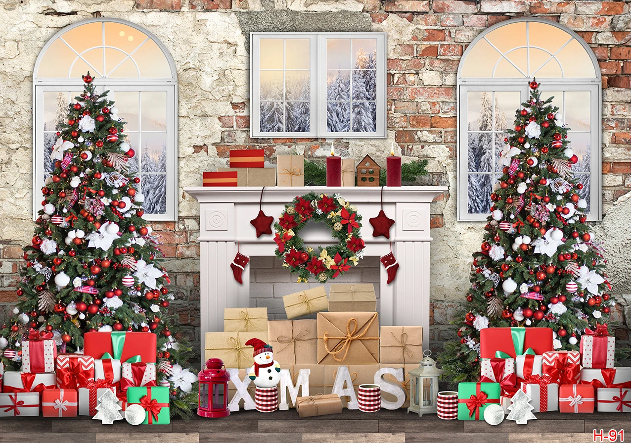 Photography Christmas Backgrounds Wooden Cabin Brick Wall Home Indoor Interior Decoration Banner Baby Portrait Backdrops Props
