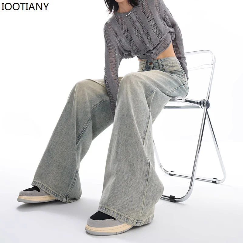 American Vintage Distressed High-waist High Street Style Straight Jeans Casual Pants Women's Wide Leg Baggy Y2K Denim Trousers