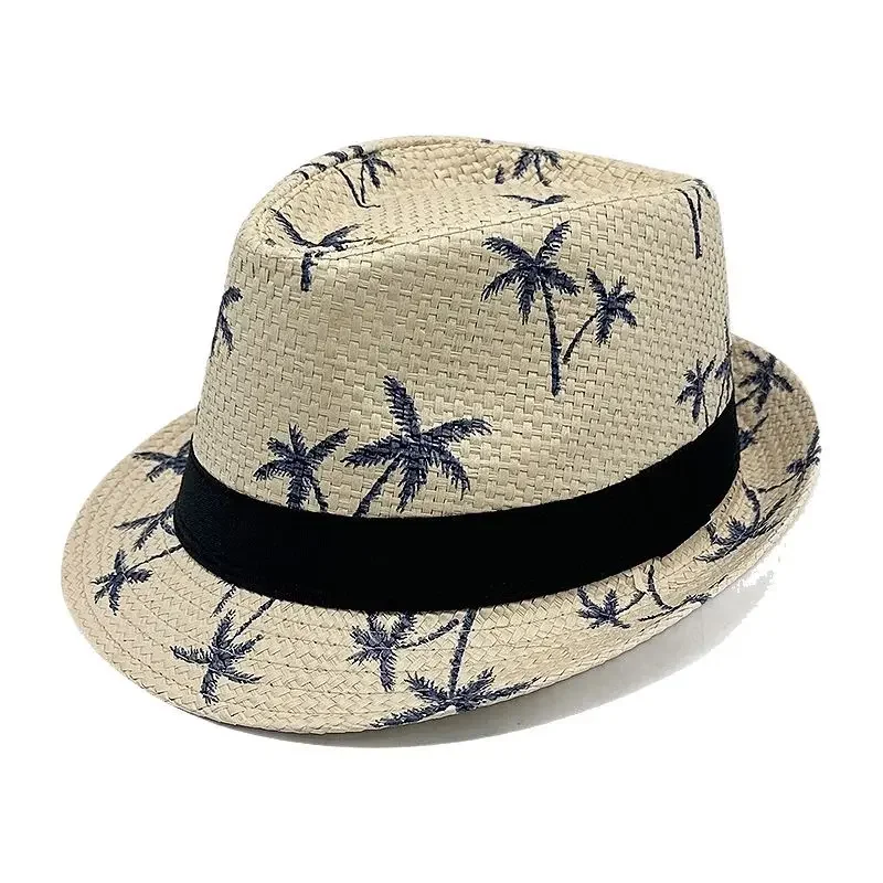 Men's Straw Fedora Hat Summer Brim Paper Braided Hat Beach Cap with Print UPF