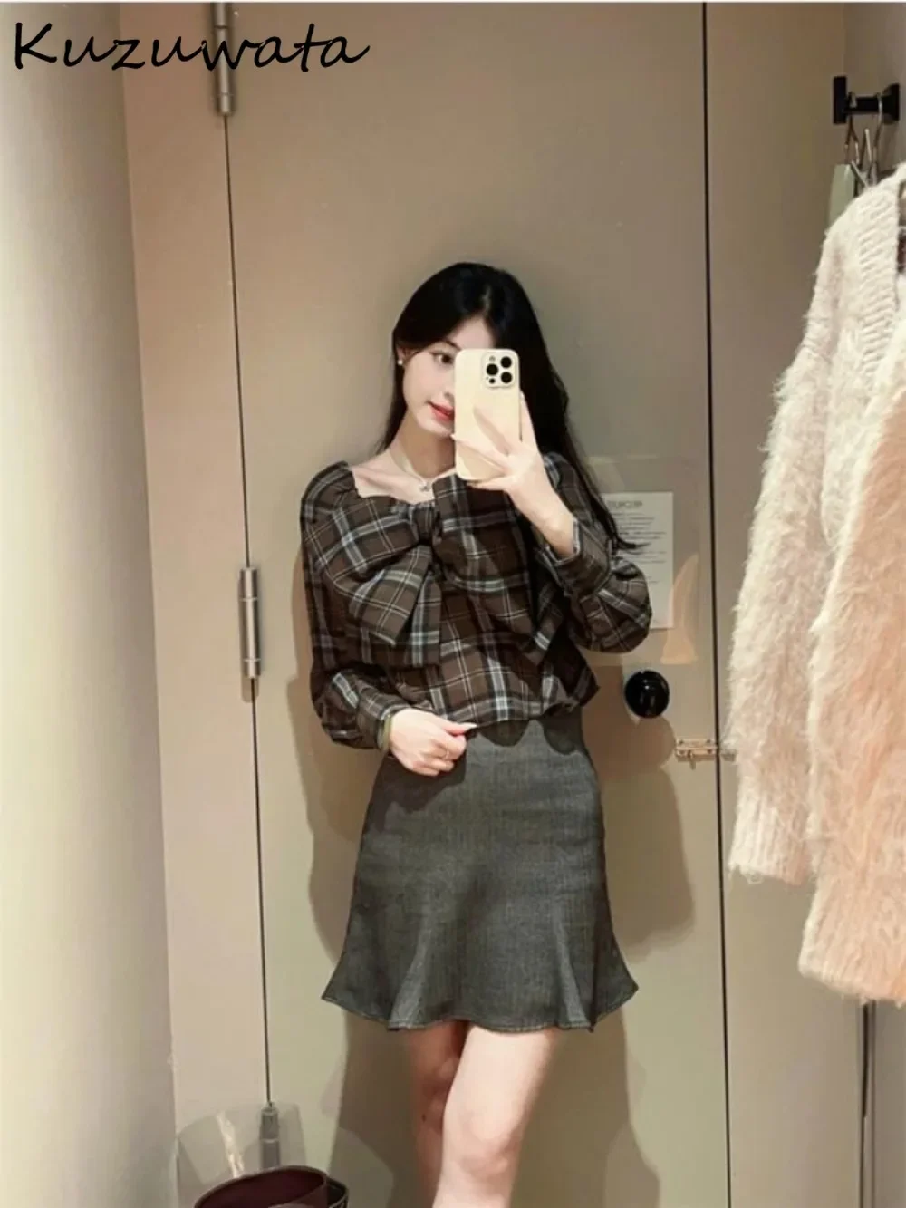 Kuzuwata Sweet Square Collar Long Sleeve Plaid Shirt Off Shoulder Elegant Fresh Bow Blusas Japan Casual Fashion New Blouses