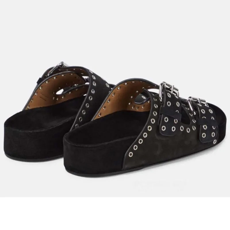 Casual Flat Rivet Buckle Slippers Outdoor Wear Versatile Platform Sandals Open Toe Soft Leather Comfortable Women Shoes