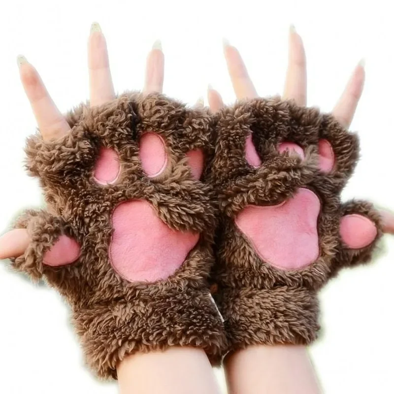 Miękkie, ciepłe, pluszowe rękawiczki bez palców Flip Half Finger Mittens Women Winter Cute Cat Paw Fluffy Glove Fashion Kawaii Accessories