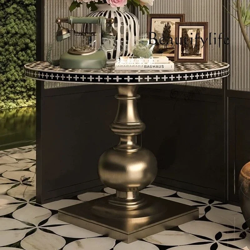 Q American retro solid wood round dining table, antique household small apartment coffee table, French Roman column hand-painted