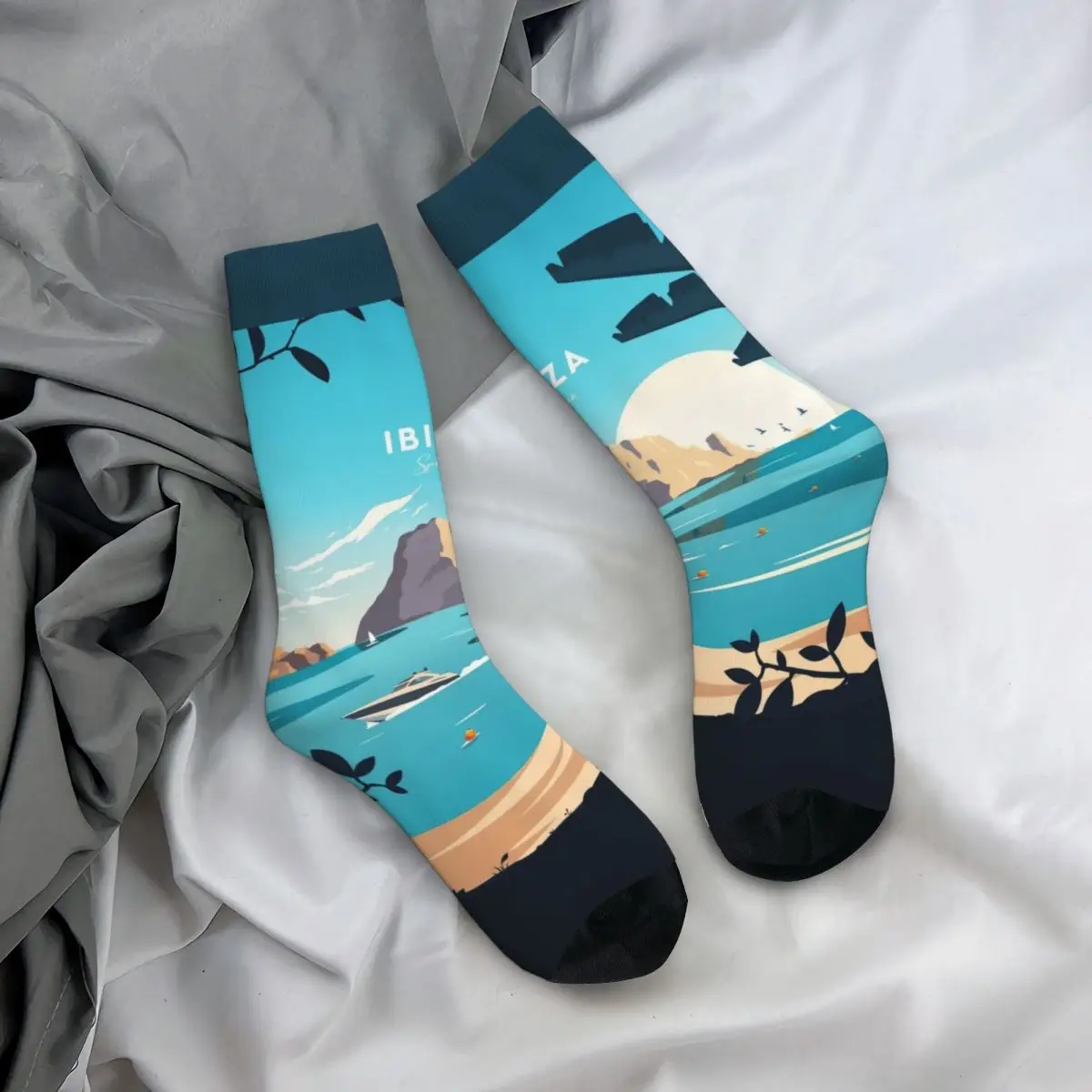 Colorido Espanha Ibiza Cenário Cozy Crew Socks Stuff All Season Warm Crew Socks Respirável Presente Incrível para Mulheres Homens