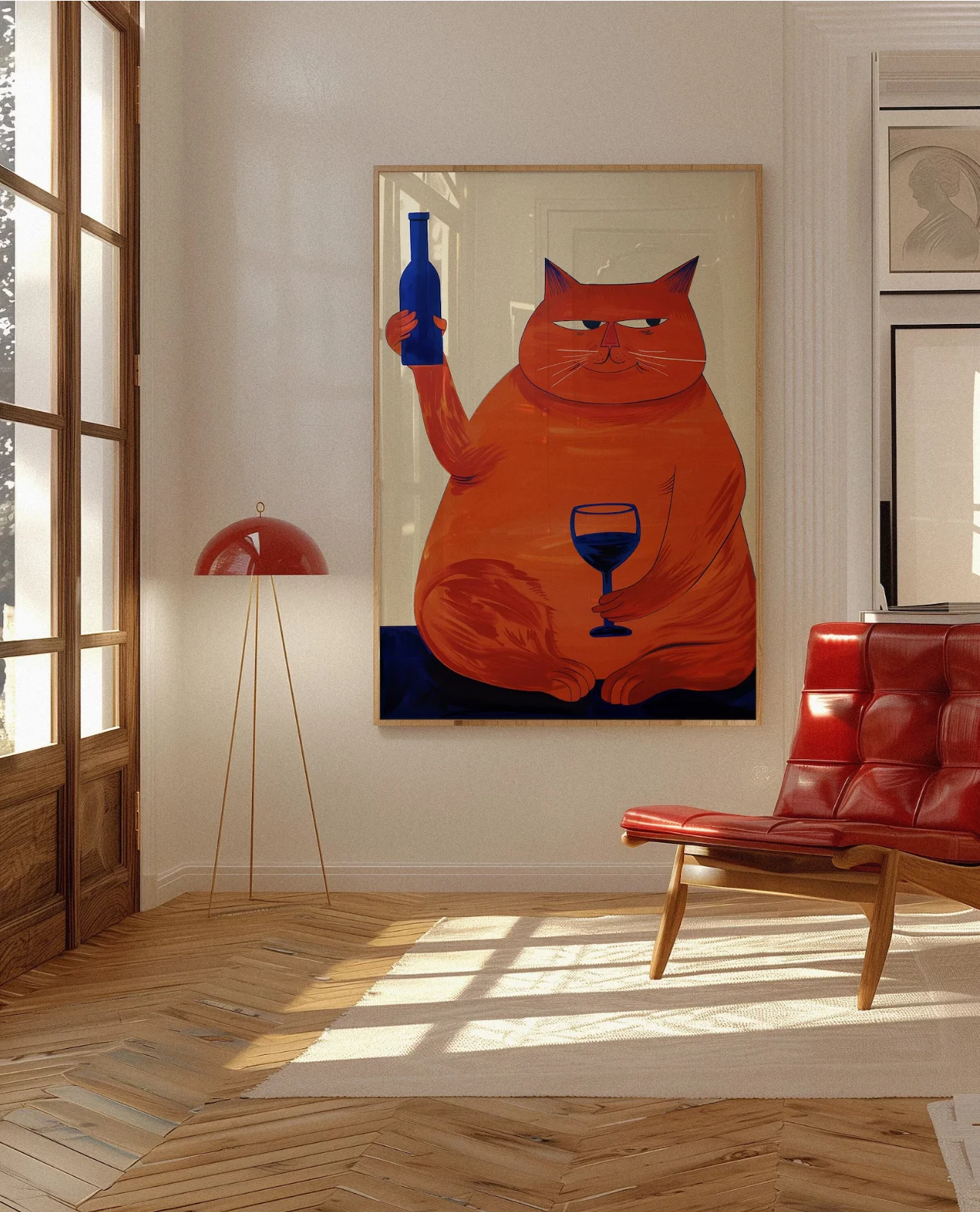 Decoración de carrito de bar, cartel de gato, impresión de vino, decoración de cocina retro, decoración moderna de mediados de siglo, arte de pared moderno, impresión de saludos, comedor Roo