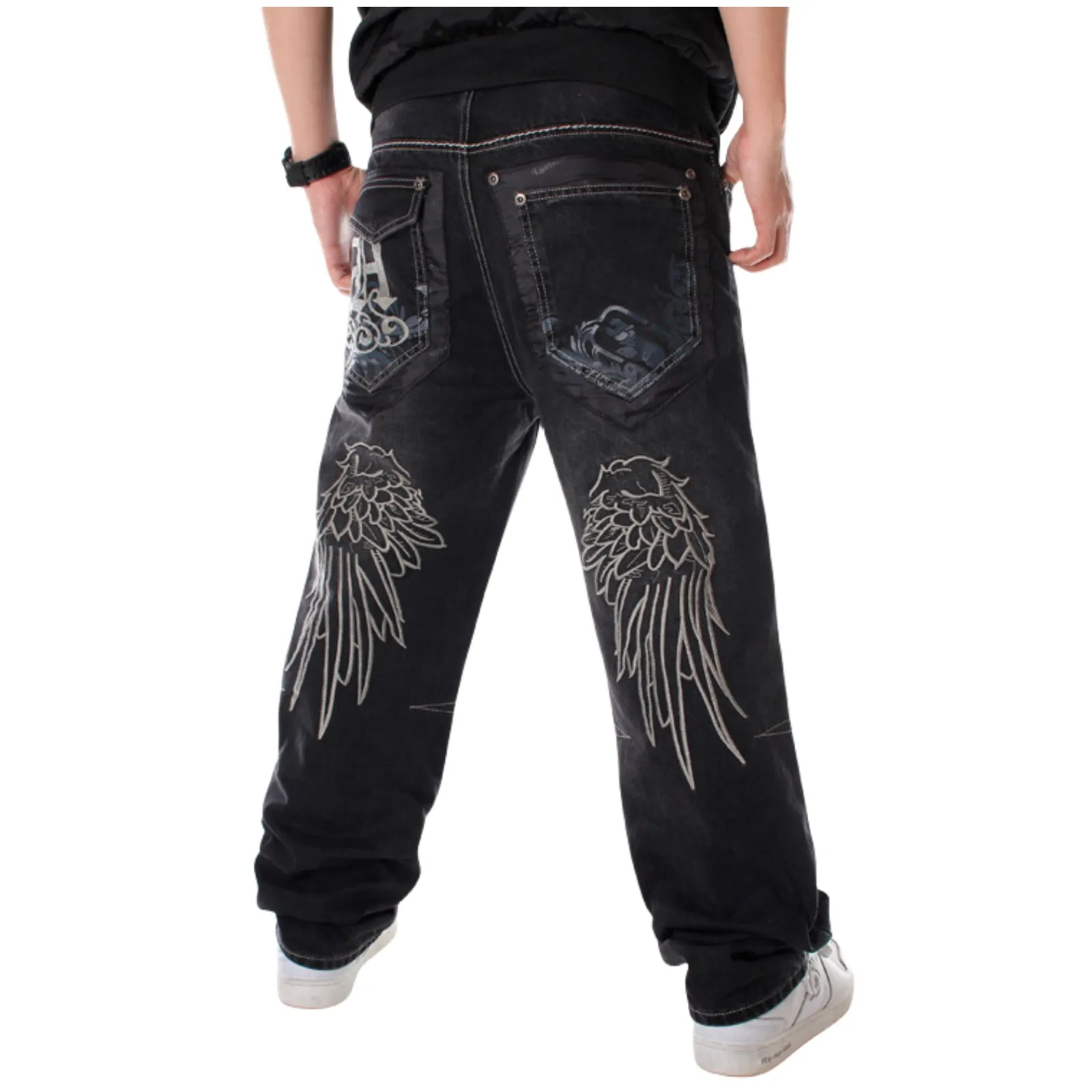 Men\'s Vintage Hip Hop Style Baggy Jeans Embroidery Denim Loose Fit Dance Skateboard Pants