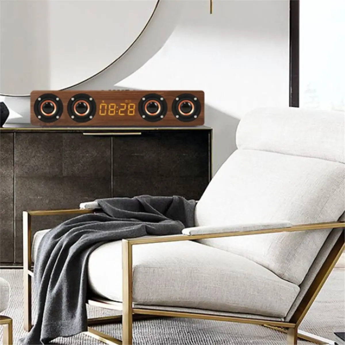 Rechargeable Multi Functional Wooden Clock with Bluetooth Soundbar Speaker and FM Radio for Computer TV Speaker Yellow