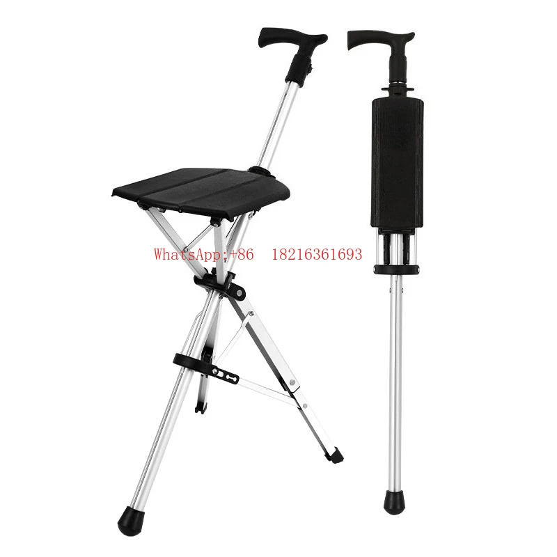 New Automatic Unfolding Aluminum Alloy Folding Cane Chair Stool Non-slip Light Walker Mountaineering Stick Stool