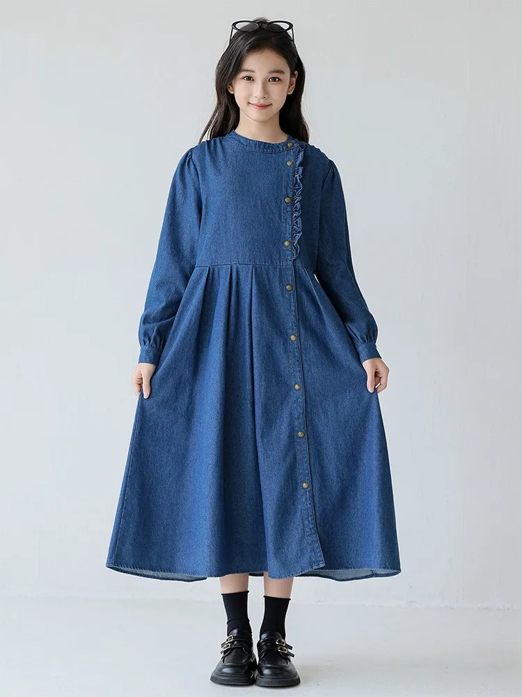 Grils Long-sleeved vintage metal button denim dress  Children' Clothing for spring and autumn