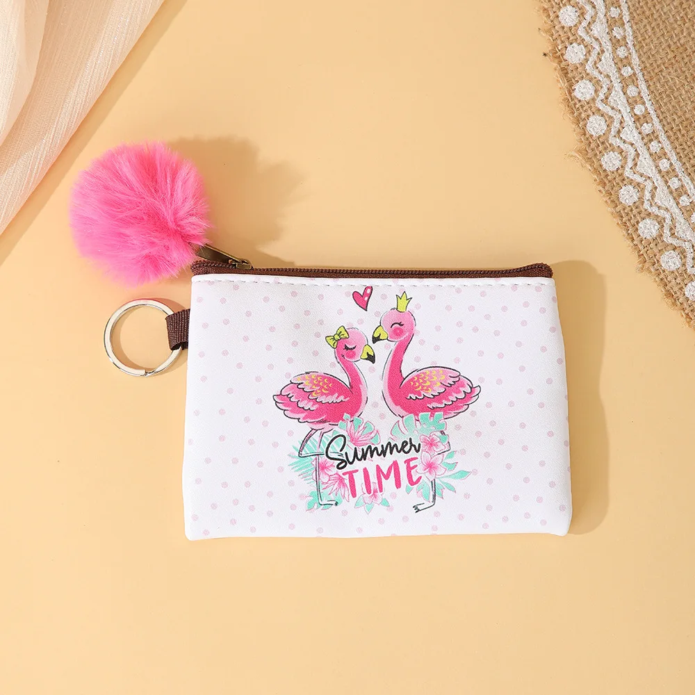 8pcs Coin Purses Women PU National  Letter Printing Double Zipper Ear Line Wallet With Plush Ball