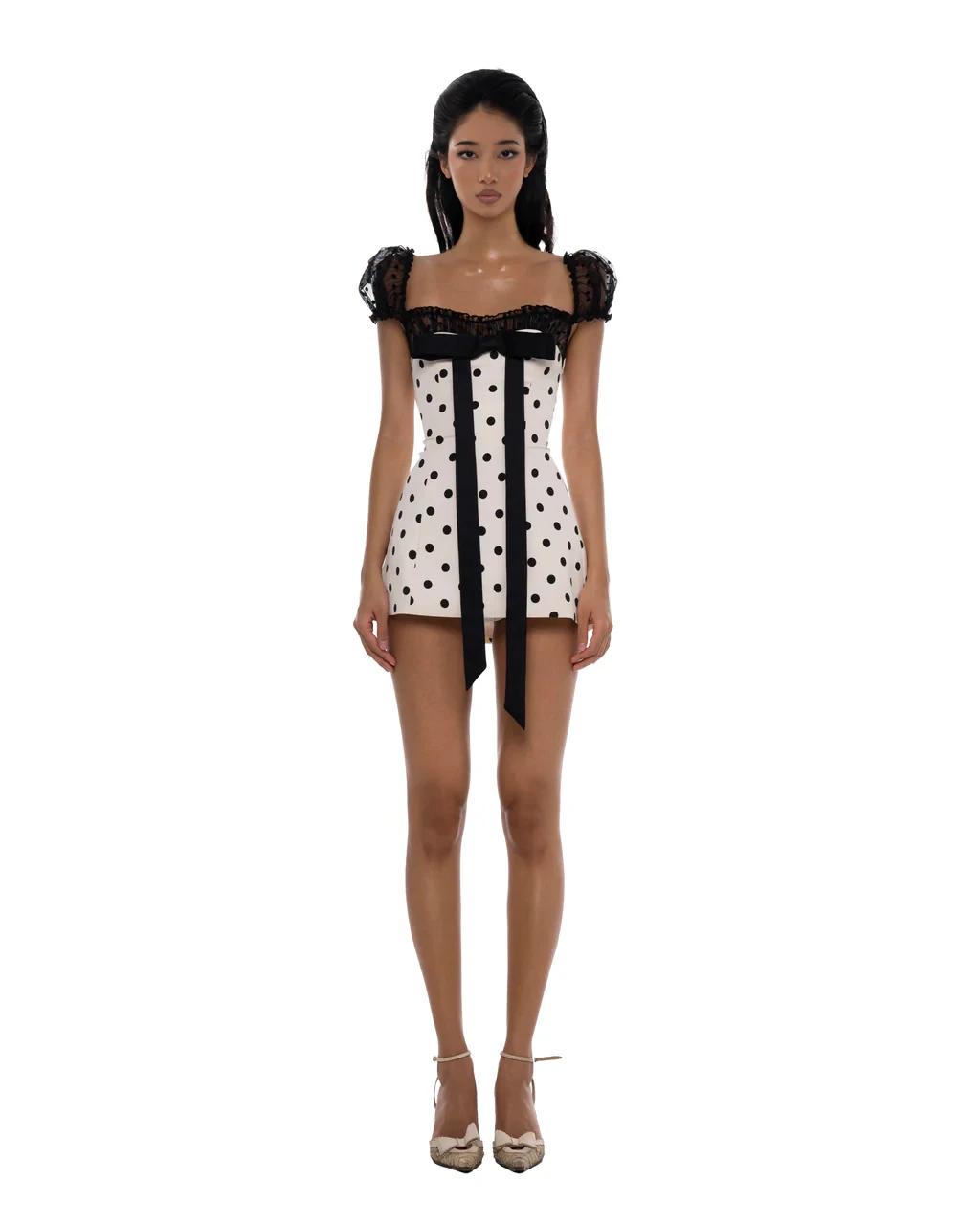 Huelleyros Polka Dot Fliege Spitze Ort Dr Taille Cinched Hohe Taille A-Linie Rock Sommer Pendeln Sle V Ne Svel