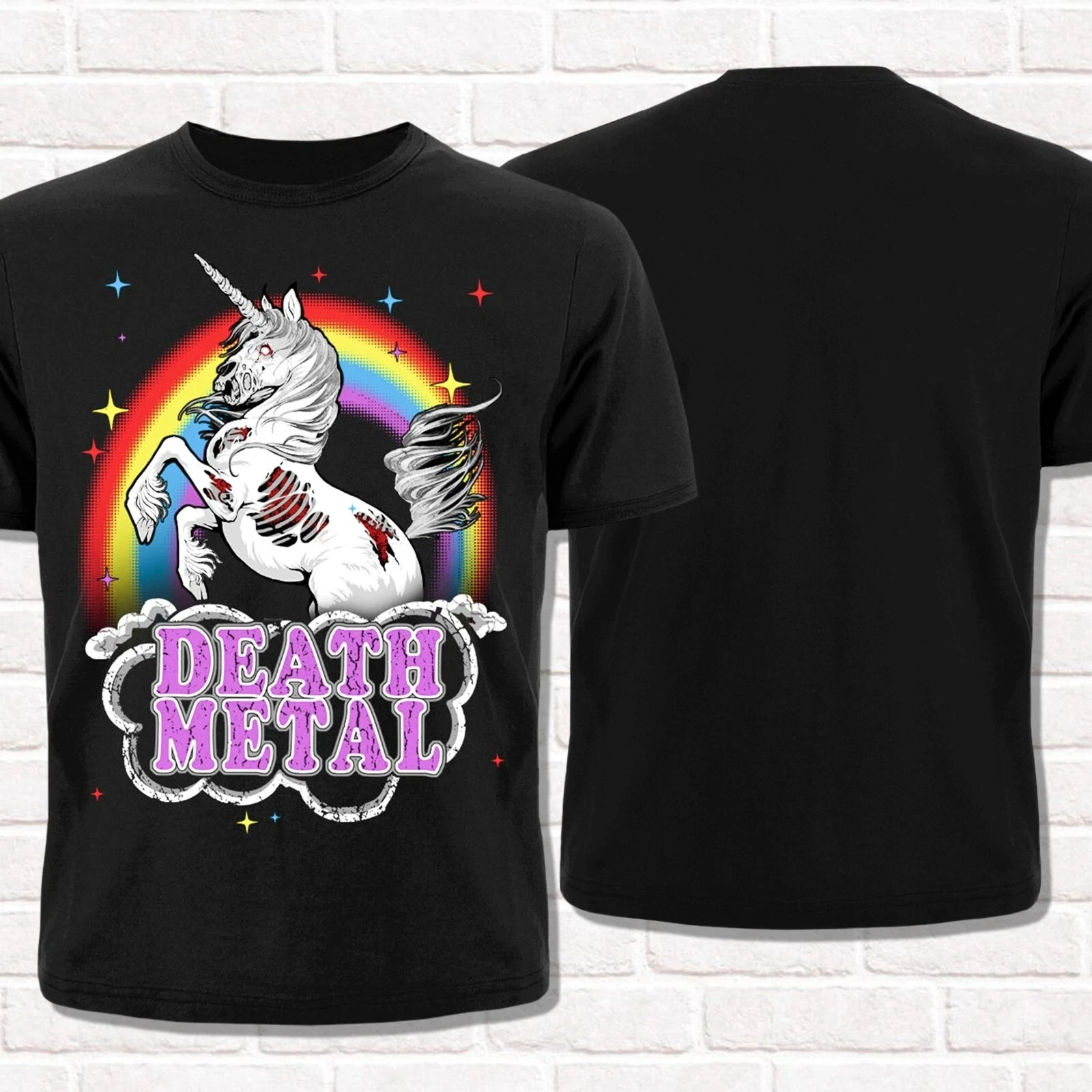 

Death Metal T-shirt. Dead Unicorn and Rainbow Brutal Death Metal. Deathcore American T-shirt Men Street Short-sleeved Women Top