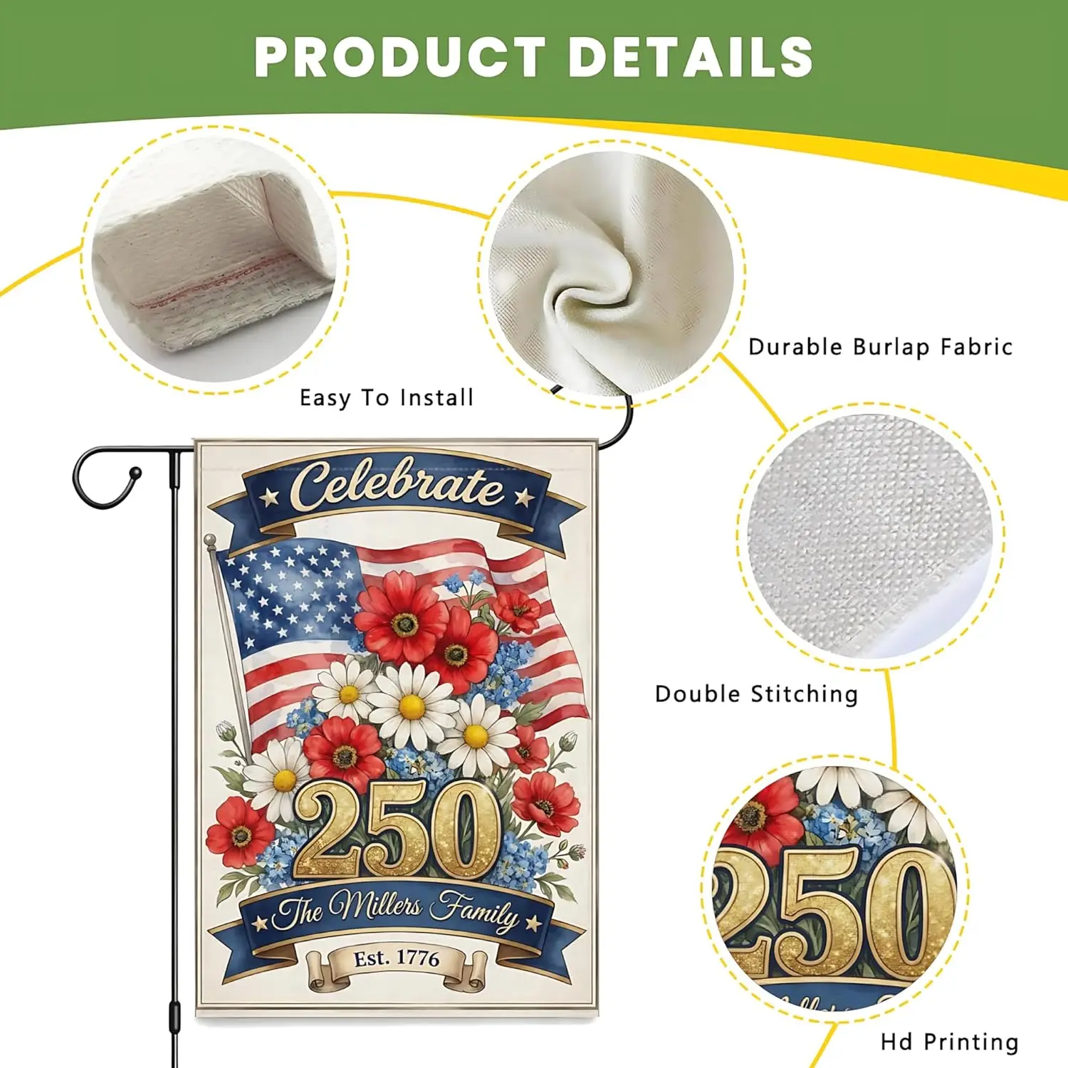 Personalized USA 250th Anniversary Garden Flag Custom Family Name Patriotic Yard Banner Celebrate 250 Independence Day Outdo MMZ view 6