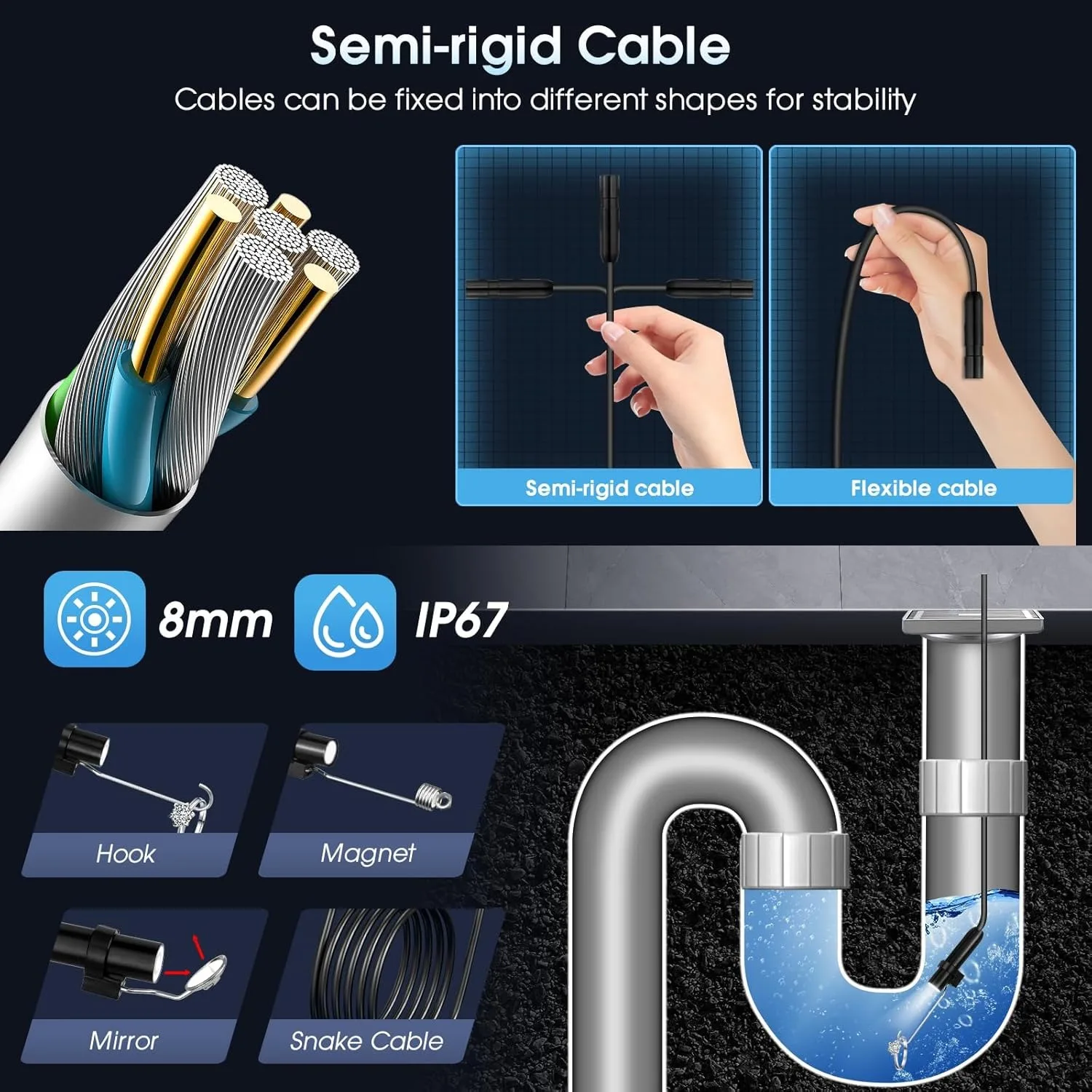 8mm 2MP IP67 Waterproof Endoscope Camera with Adjustable Light, USB Type-C Borescope Compatible for Mobile Phones Tablets