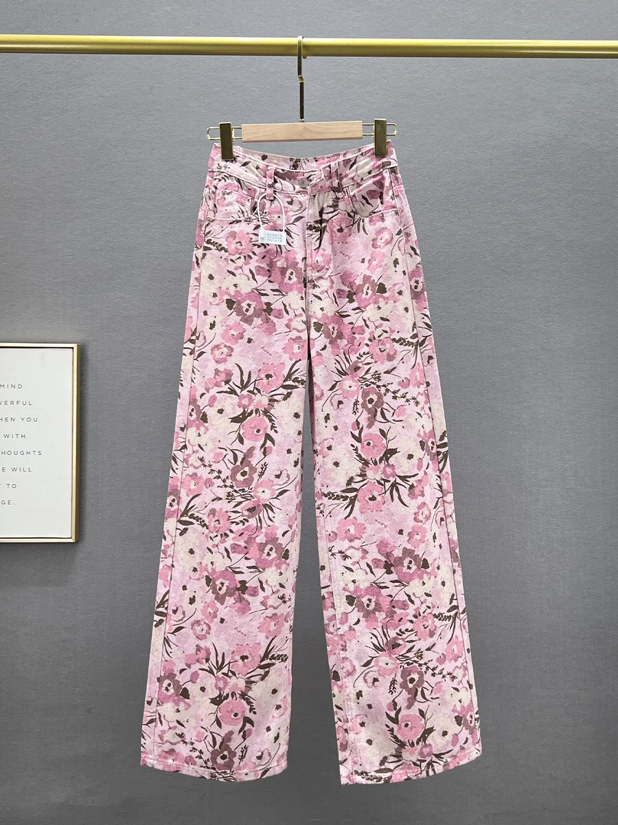 Pantalones vaqueros de pierna ancha con estampado étnico para mujer, ropa holgada de cintura alta, adelgazante, alargada, primavera y verano, 2024