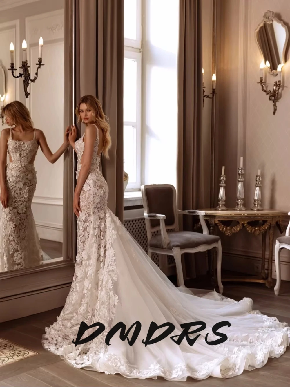 

Elegant 3D Flowers Wedding Dress Women Shiny Mermaid Lace Customized Charming Modern Square Neck Bridal Gown Customized