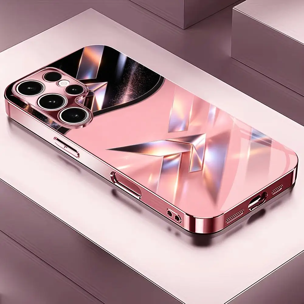 Pink metallic geometric TPU HD Rose gold glass phone case for Samsung Galaxy S26 S25 S24 S23 S22 FE,Ultra,Plus Dropresistant