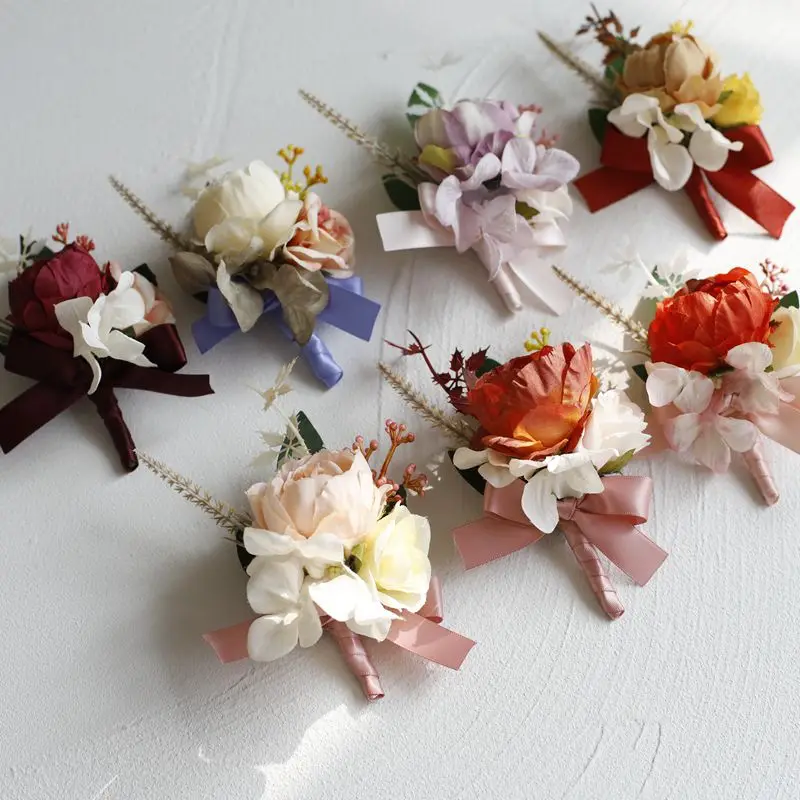 Silk Roses Boutonniere Wedding Simulation Peony Corsage Bracelet Bridesmaids Groom Wrist Flowers Marriage Accessories