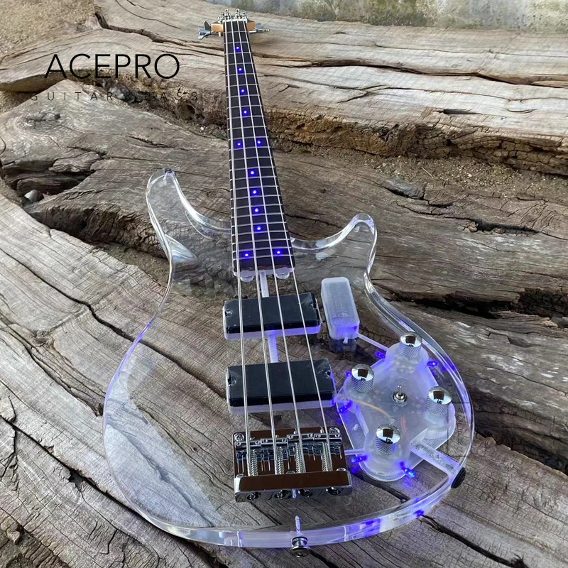 Blue LEDs Light 4 String Acrylic Electric Bass Guitar, Rosewood Fingerboard, Maple Neck, High Quality, Free Shipping