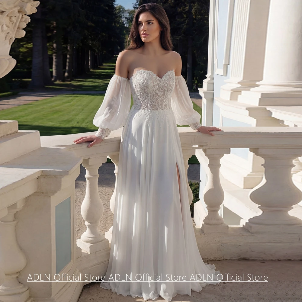 Customized Wedding Dress Puff Sleeves Sweetheart Lace Applique Chiffon Sweep Train Bride Bridal Gown Back Zipper Buttons