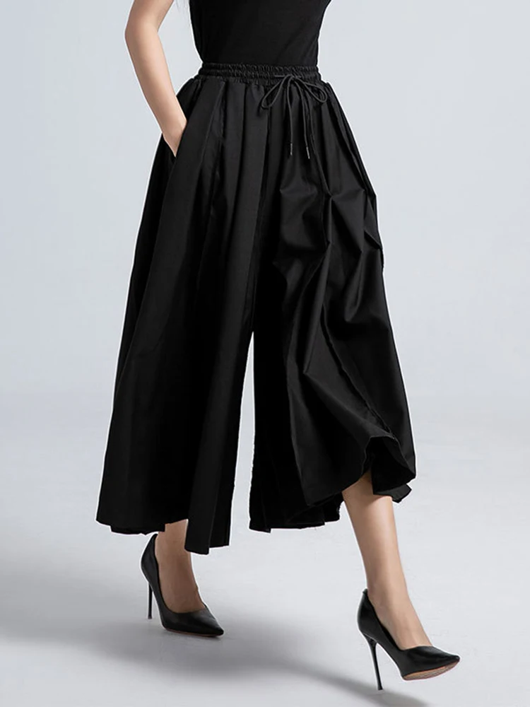 EAM Black High Drawstring Elastic Waist Wide Leg Pantskirt New Loose Trousers Women Fashion Tide Spring Autumn 2025 30A3163