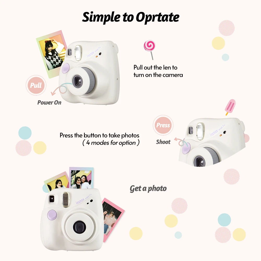 Fujifilm Instax Mini 7+ Instant Camera Film Cam Auto-focusing Wrist Strap Birthday Christmas for Girl New Year Festival Gift as