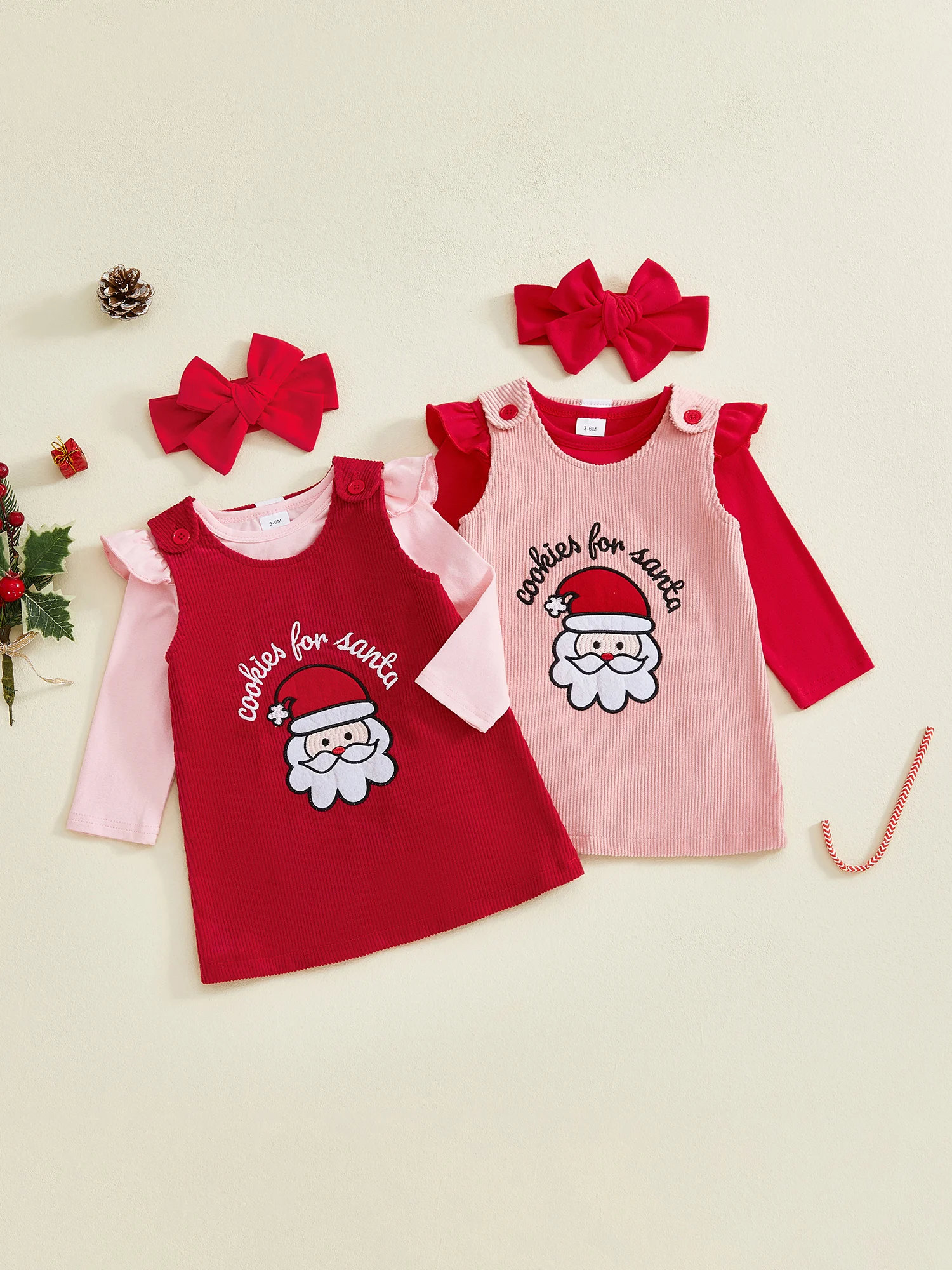 

Рождественский комплект из трех предметов для маленьких девочек, милый однотонный комбинезон с длинными рукавами и круглым вырезом, повязка на голову, комплект платья с вышивкой Санта-Клауса