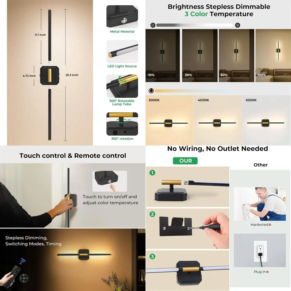 

Set of 2 Rechargeable Wall Sconces, 10000mAh Battery, 360° Rotation, 3000-6500K Dimmable, Modern Lighting for Home