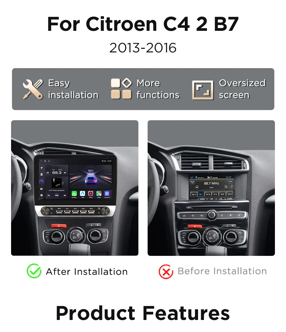 Junsun 10,1' Kabelloses Carplay Android Auto Autoradio für Citroen C4 2 B7 2013 2014-2016 mit Tasten Bluetooth GPS Navi 4G DSP – Detail 4