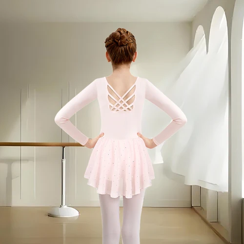 Imagen 2 del producto Leotardos de ballet rosa para niñas, mono de baile con mangas cortas/largas/flotadas para niños, diseño único en la espalda para actuación