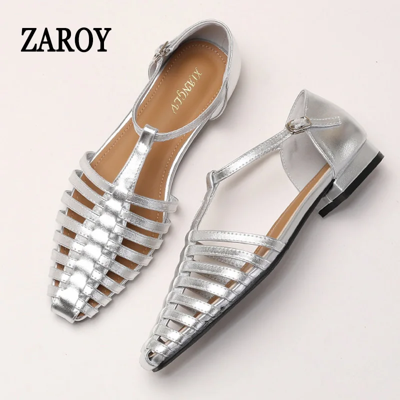 

ZAROY Women's Sandals Summer Hollow Woven Roman Shoes Casual Gladiator Shoes T-Strap Plus Size 44 Flats Sandalia Zapatos сандали