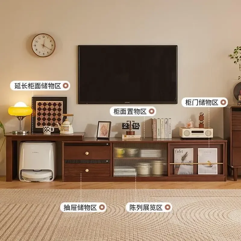 Solid wood telescopic TV cabinet floor-to-ceiling living room household floor cabinet locker medieval storage small apartment co