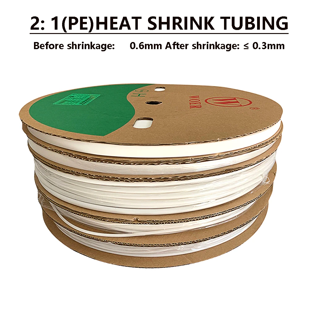 Shrinkage ratio of 2:1 for heat shrink tubing, white wordless insulation, PE flame retardant sleeve, after shrinkage: ≤ 0.3mm