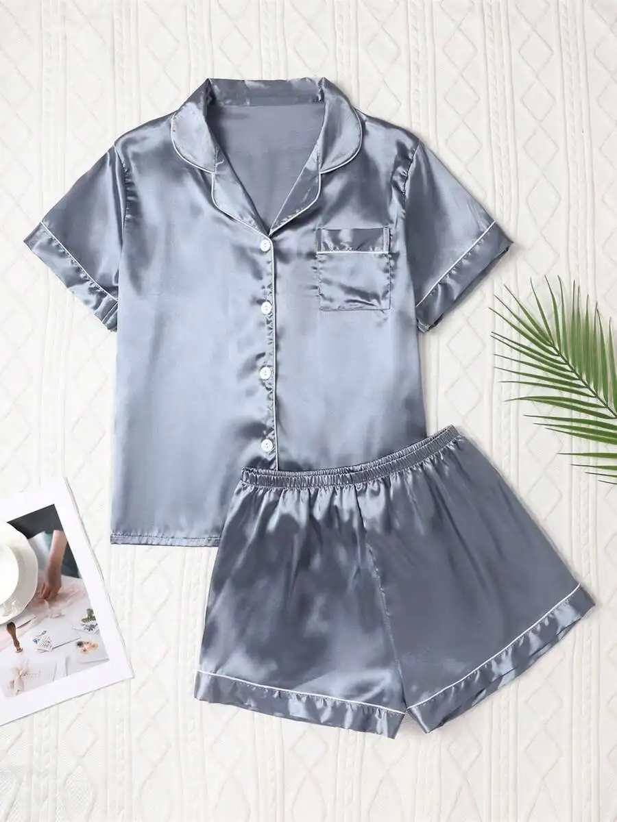 

Women's Satin Short Sleeve Button-Up Pajama Set with Contrast Trim