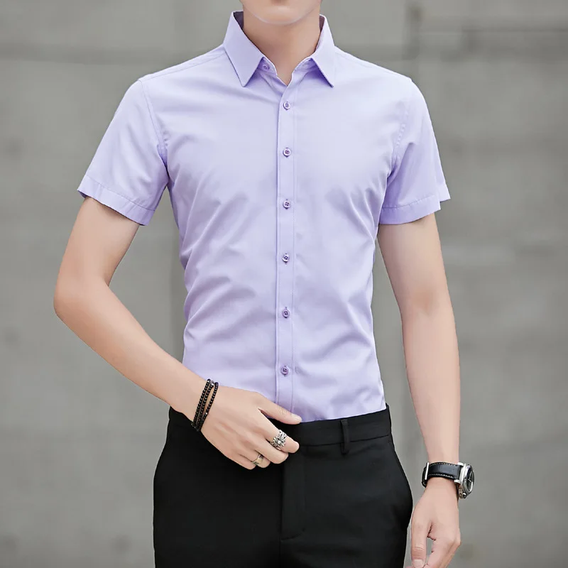 Summer Korean Fashion Shirts for Men Short Sleeved Slim Fit Solid Color Youth Thin Black Shirt Non Ironing Men's Clothing