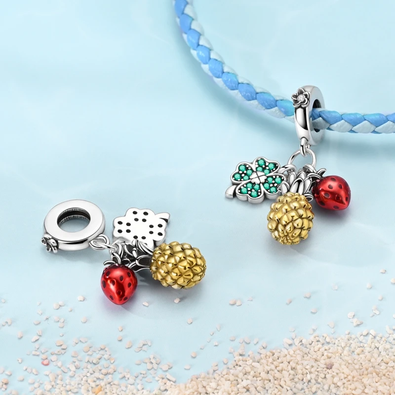 100% 925 Sterling Silver Pineapple Cherry Avocado Lemon Charms Beads Pendants Fit 3mm Bracelets DIY Fine Jewelry Making