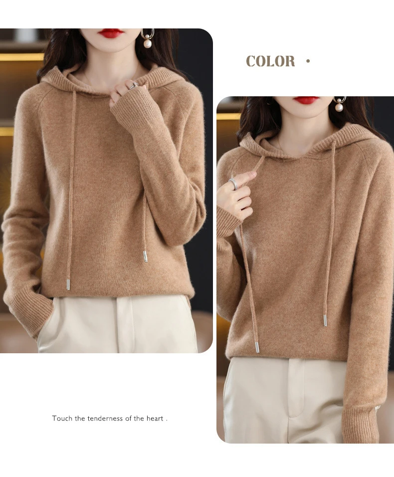 Mit kapuze Pullover Mode Frauen Herbst Winter Lange Ärmel Einfarbig Gestrickte Hoodies Dame Lose Kordelzug Casual Pullover Hoodie – Detail 6